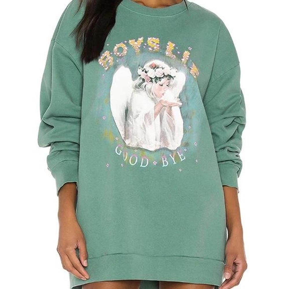 Green Graphic Oversized Sweatshirt Dress - Women Tops